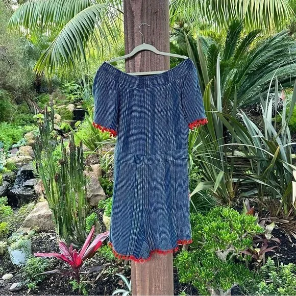 ANTHRO blue romper off the shoulder with embroidery red pompoms sz Large - Picture 8 of 13